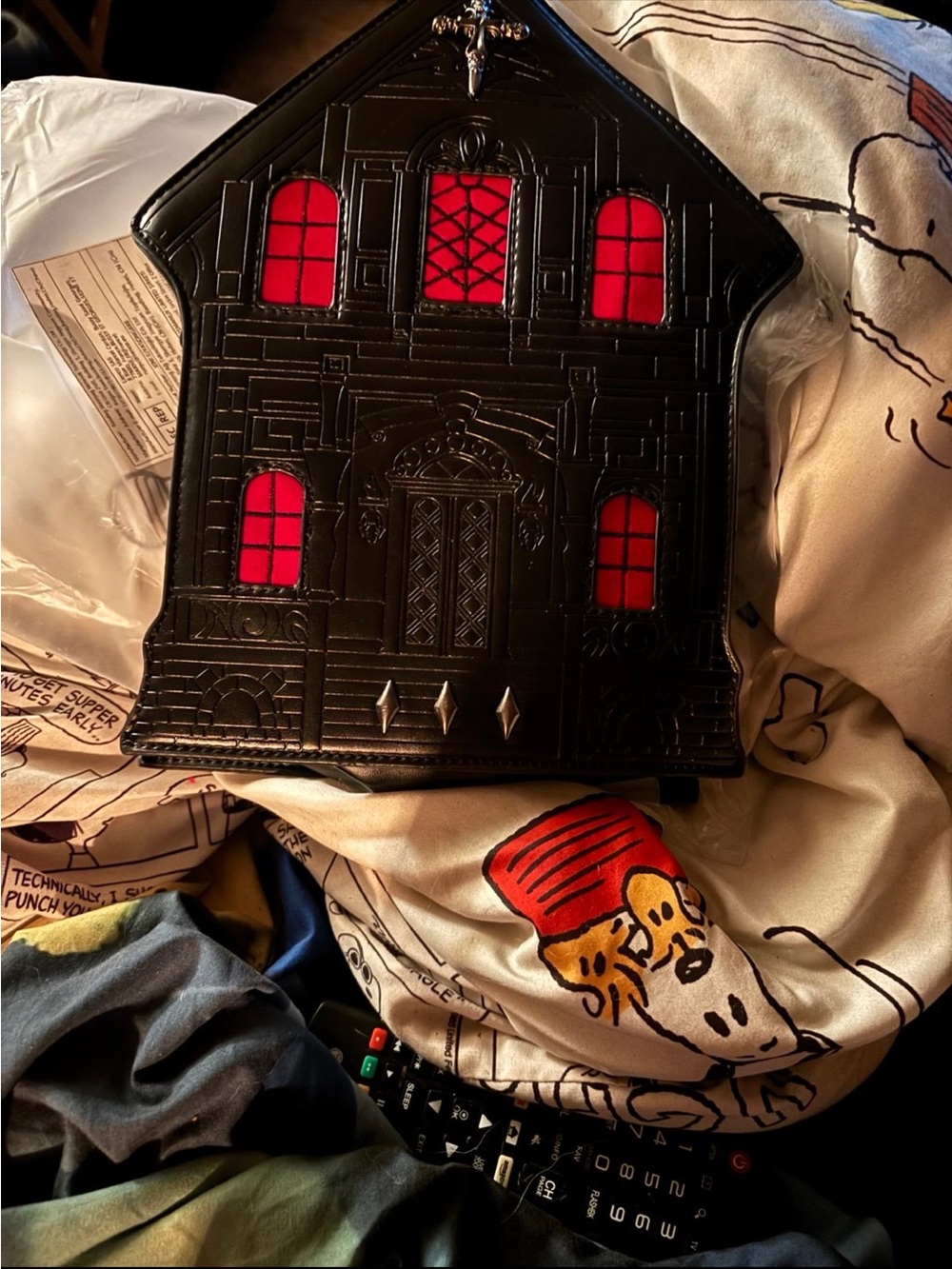 Gothic House-Shaped Black Crossbody Bag with Red Window Accents